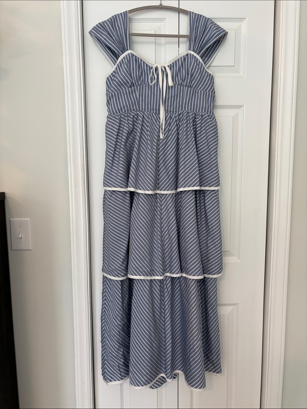 Vestique Blue and White Striped Tiered Maxi Dress